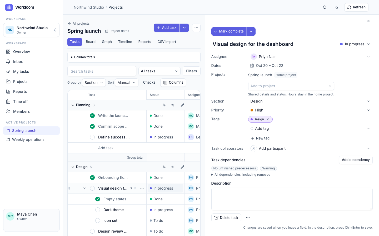 Task details panel with assignee, dates, priority and tags